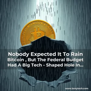 Artistic representation for Nobody Expected It To Rain Bitcoin , But The Federal Budget Had A Big Tech - Shaped Hole In It, And The Rain Poured In Like A Torrent.